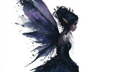 Fototapeta premium Ethereal female fairy with delicate wings in profile.