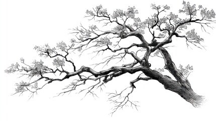 Fototapeta premium Intricate black and white tree branch illustration with detailed branches and leaves.