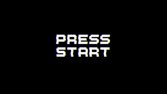 Press Start Text Animation with VHS Glitch Effect on Black Background Retro Arcade Game Start Screen with Analog Distortion for Gaming Motion Graphics