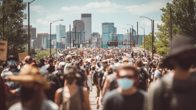 Diverse crowd marching in urban street protest against city skyline.