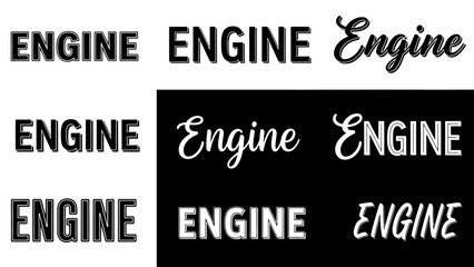 Obraz premium Collection of various engine typography designs and lettering, mechanical concept graphic, isolated white background