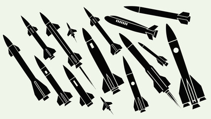 Naklejka premium Set of Military Missiles and Rockets Silhouettes in Bright Studio
