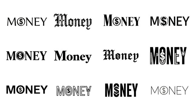 Collection of 'Money' Word Typography Designs on Isolated White Background