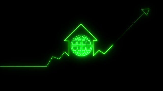 Green Neon Globe Inside House Shape with Upward Trend Line Animation 4k Alpha Channel Keywords: globe, earth, world, house, home, roof, shape, green, neon, glow, light, animation, motion, graphic