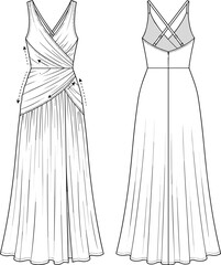 Flat vector illustration of sleeveless pleated dress front and back technical sketch with wrap bodice, crisscross straps, fashion template