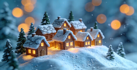 Fototapeta premium Snowy miniature village with glowing lights