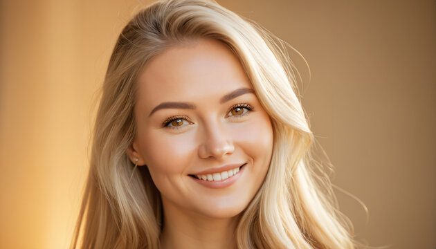 Freundliche junge Frau mit blondem Haar vor neutralem Hintergrund im Studio