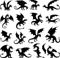 Naklejka premium Black Dragon Silhouette Icon Set Isolated On White Background, Mythical Creature Vector Illustration Collection In Various Flying And Standing Poses For Fantasy Graphic Design