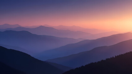 Obraz premium Serene mountain range at sunset with vibrant orange and purple hues in the sky