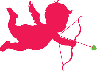 Cute black silhouette vector illustration of a cartoon cupid angel with a bow and arrow and a heart symbol