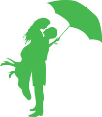 Silhouette couple with umbrellas walking together in green nature with flowers and trees