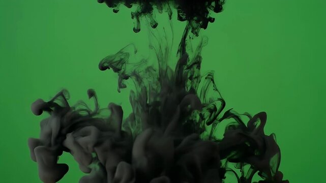 Dense black ink cloud dramatically dispersing against a bright green screen background.
