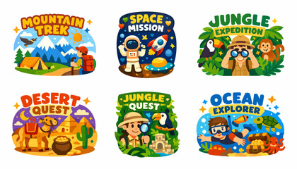 Colorful kids adventure badges collection. Set of children activities, education camps, clubs, games, learning programs and playful exploration themes