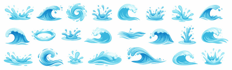 Obraz premium Dynamic water splash and wave shapes collection. Set of cartoon liquid elements for games, animations, kids design, effects