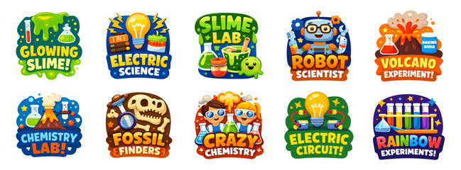 Colorful kids science experiment badges collection. Set of fun chemistry, physics, slime, electricity and laboratory activities