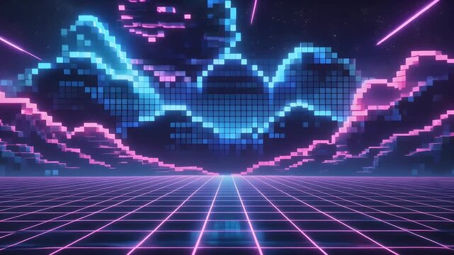 A striking 80s retro-futuristic landscape featuring neon pixelated clouds above a glowing wireframe grid.