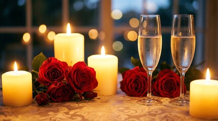 Romantic candlelight dinner with red roses and champagne glasses set