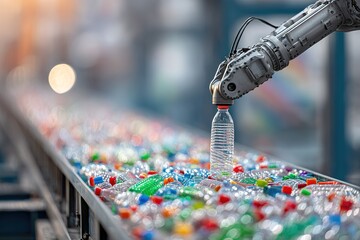 Robot arm sorting plastic bottles on conveyor belt in recycling facility during daylight hours