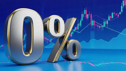 Zero percent interest rate symbol with financial stock market chart background