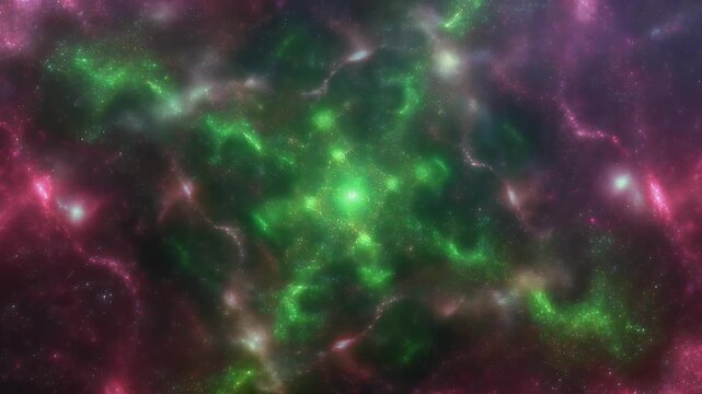 Vibrant intergalactic nebula featuring intense green and magenta cosmic gas clouds.