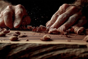 Crafting wooden pieces with hands shaping and smoothing wood shavings on a workbench in a dimly lit workshop