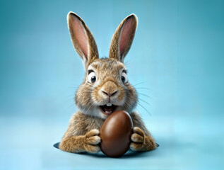 Obraz premium Lapin tenant un Œuf de pâques en chocolat avec une expression de surprise, espace vide pour du texte ou produit, isolé sur fond bleu