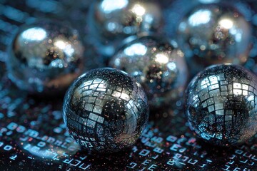 Shiny metallic spheres reflect binary code on a surface with digital patterns at close range in bright lighting