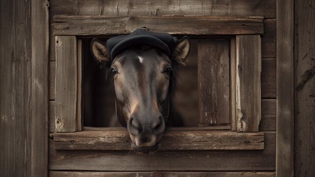 A humorous and charming portrait of a brown horse wearing a traditional newsboy cap, looking out from a weathered wooden stable window in a barn.