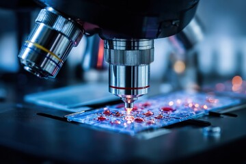 Close up view of a microscope focusing on a sample with glowing elements in a laboratory setting during a research session