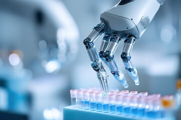 Robotic hand handling test tubes in a laboratory setting during a scientific experiment