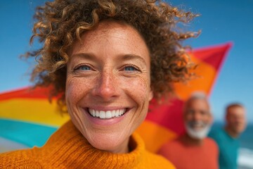 Group of friends smile together at the beach during a sunny day with colorful umbrellas in the background