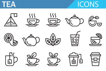 Fototapeta premium Thin line tea icons set with teapot cup mug leaf and hot beverage symbols in clean outline style isolated on white background for cafe menu packaging branding and food design