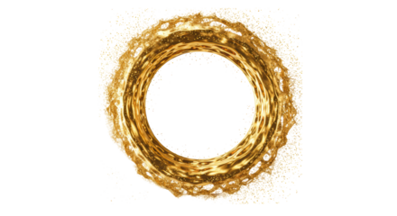 Hyper-detailed, perfectly circular toroidal ring of liquid gold, dramatically lit with specular highlights, rotating with shimmering gold dust and bokeh on a transparent background, concept of