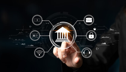 A concept of digital banking and online financial technology (FinTech) services. A central platform for secure transactions, support, and business finance. Motif