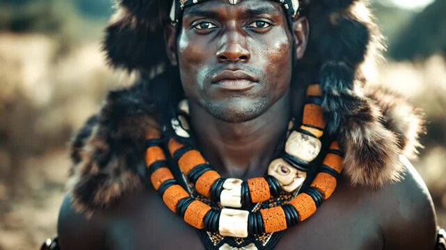 Proud Zulu warrior man, adorned in traditional fur headwear and vibrant beaded neck ornaments, stares with intense eyes, showcasing ancient African cultural heritage outdoors.