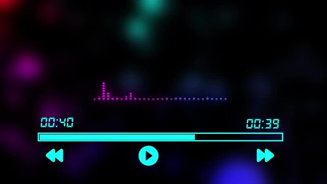 Neon blue digital music player interface with progress bar and equalizer on blurred bokeh background 4k animation alpha channel