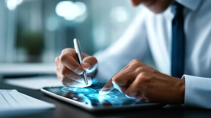 Digital audit concept with businessman using tablet and stylus electronic examination process compliance verification interface financial assessment technology modern audit met - Powered by Adobe