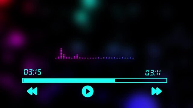 Neon blue digital audio player interface with progress bar, timer, and animated equalizer on bokeh background 4k animation alpha channel