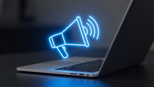 Glowing blue megaphone icon projected from laptop screen for announcement or communication