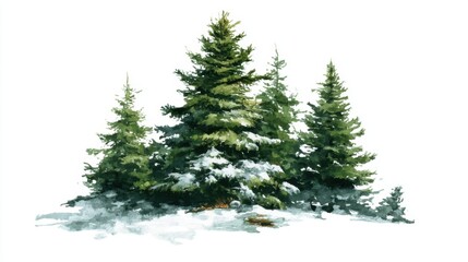 Obraz premium Snow-covered evergreen trees in a winter forest scene with crisp white background.