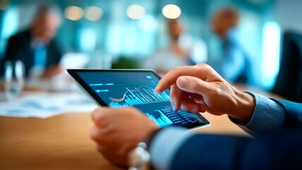 Business partnership using tablet for financial analysis company budget report review cost work progress evaluation graph examination future planning collaboration office meet - Powered by Adobe