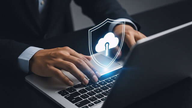 Close up of a person using a laptop with a shield and padlock on the screen - Powered by Adobe