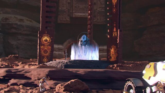 A  team of space explorers and their high-tech rover discover a monumental stone structure adorned with glowing golden hieroglyphs. 