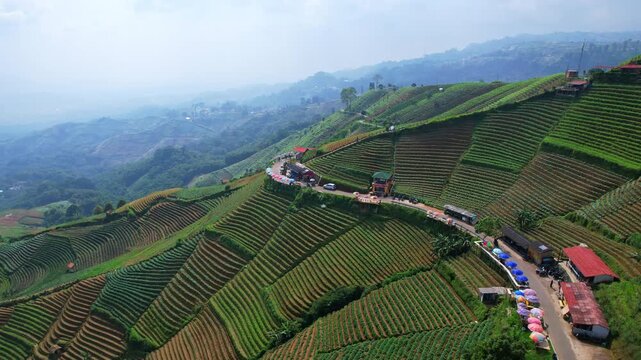 Aerial drone footage of an agricultural valley with green hills, a countryside road, many food stalls, in the touristic spot of Panyaweuyan, Majalengka regency, Java island, Indonesia
