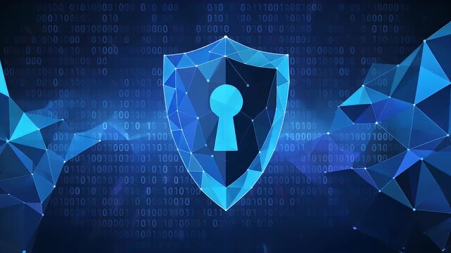 Digital shield icon with keyhole symbol overlaying binary code and abstract polygon network.