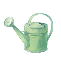 Green watercolor watering can for garden and plant care © ritaklimenko