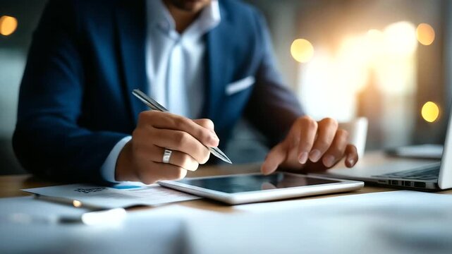 Digital audit concept with businessman using tablet and stylus electronic examination process compliance verification interface financial assessment technology modern audit met