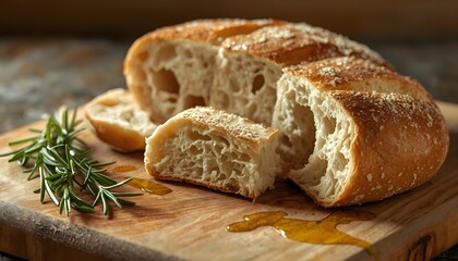 Fototapeta premium Freshly baked italian bread with rosemary and olive oil on wood