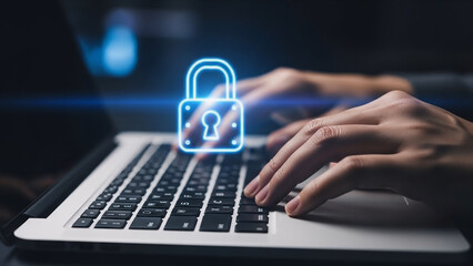 Hands typing on a laptop with a glowing blue padlock icon on the screen