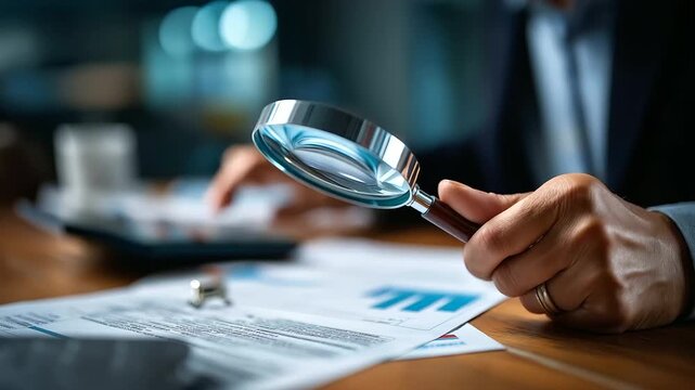 Accountants analyzing financial reports with magnifying glass close up document examination accounting and auditing office tasks business tax compliance fiscal verification pro